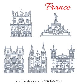 French travel landmark icon set of European architecture. Fountain at Royal square, Nantes Cathedral and Basilica of Notre Dame de Fourviere, Lyon Cathedral and St Nizier Church