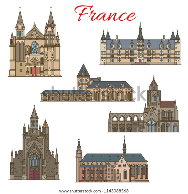 French travel\
landmark of medieval arcitecture thin line icon set. Roman Catholic\
Church of St Aubin and St Etienne, Ducal Palace, Jesuit Church,\
Cathedral of Angers and\
Vannes