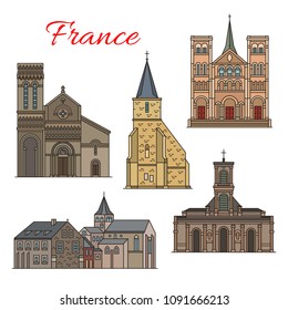 Icono de la delgada línea del viaje francés con la arquitectura de la ciudad de Havre. Capilla St Michel, Iglesia de San Vicente y San Francisco, Abadía gótica de Graville y Iglesia de St Ann