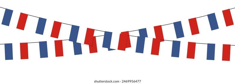 French tricolor bunting, streamer. Decorative party banner design element isolated on white background.