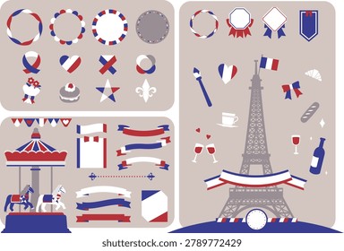 French tricolor Paris icon set vector illustration with Eiffel Tower, flags, ribbons, medals, café, wine, and decorative travel design elements.