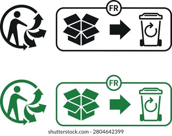 French Triman recycling logo showing cardboard packaging sorting instructions for carton box disposal into bin in France