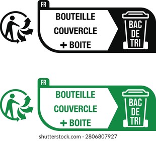 French Triman recycling logo showing bottle lid and box sorting instructions for bac de tri bin in France
