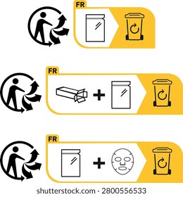 French Triman recycling logo with sorting instructions (Info-tri) for cosmetic packaging. Shows pictograms for sachet, cardboard box, and facial sheet mask directed to the yellow recycling bin.