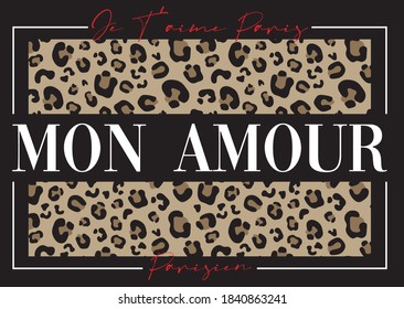 French typography slogan print with leopard pattern - Paris Amour graphic font vector for girl tee / t shirt