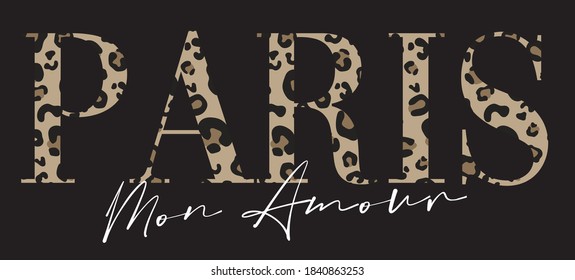 French Typography Slogan Print With Leopard Pattern - Paris Amour Graphic Font Vector For Girl Tee / T Shirt