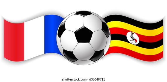 French and Ugandan wavy flags with football ball. France combined with Uganda isolated on white. Football match or international sport competition concept.