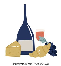 Ilustración vectorial francesa con botella de vino, vidrio, queso, croissant, uvas sobre fondo blanco para pegatinas, impresión, afiche, tarjeta