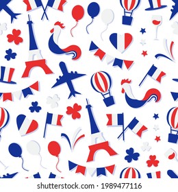 French vector seamless pattern. National Independence  Day of France. Nation country symbols. Patriotic illustration