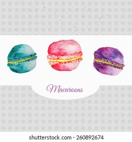French vector watercolor pastries set of bright macaroons. Artistic vector design for banners, greeting cards,sales, posters.