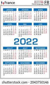 French vertical pocket calendar for 2022 (two thousand twenty two). Week starts Monday. New year. Color simple design. Vector