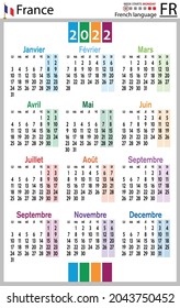 French vertical pocket calendar for 2022 (two thousand twenty two). Week starts Monday. New year. Color simple design. Vector