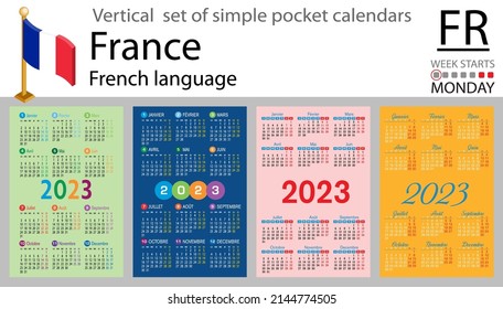 French vertical pocket calendar for 2023 (two thousand twenty three). Week starts Monday. New year. Color simple design. Vector