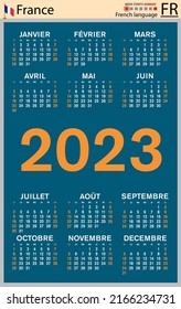 French vertical pocket calendar for 2023 (two thousand twenty three). Week starts Sunday. New year. Color simple design. Vector