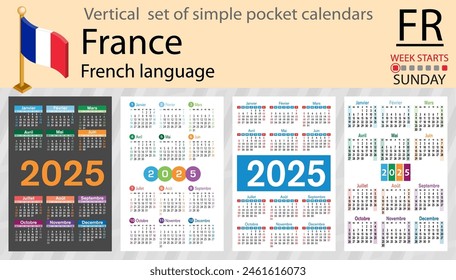 French vertical set of pocket calendar for 2025 (two thousand twenty five). Week starts Sunday. New year. Color simple design. Vector