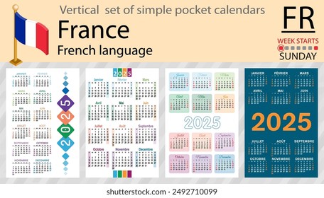 French vertical set of pocket calendar for 2025 (two thousand twenty five). Week starts Sunday. New year. Color simple design. Vector