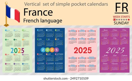 French vertical set of pocket calendar for 2025 (two thousand twenty five). Week starts Sunday. New year. Color simple design. Vector