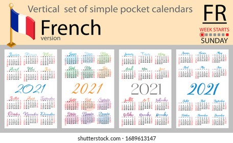 French vertical set of pocket calendars for 2020 (two thousand twenty one). Week starts Monday. New year. Color simple design. Vector