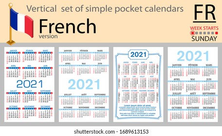 Conjunto vertical francés de calendarios de bolsillo para 2020 (dos mil veintiún). La semana empieza el lunes. Año nuevo. Diseño sencillo en color. Vector