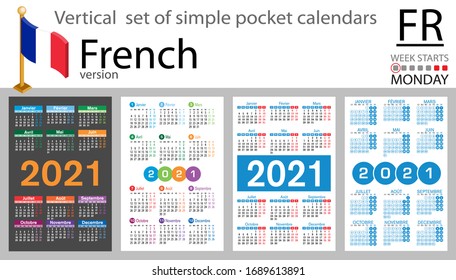 French vertical set of pocket calendars for 2021 (two thousand twenty one). Week starts Monday. New year. Color simple design. Vector