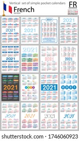 Conjunto vertical francés de calendarios de bolsillo para 2021 (dos mil veintiuno). La semana empieza el lunes. Año nuevo. Diseño sencillo en color. Vector