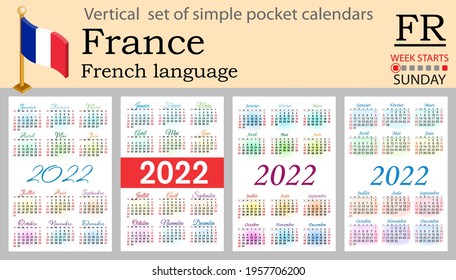 French vertical set of pocket calendars for 2022 (two thousand twenty two). Week starts Sunday. New year. Color simple design. Vector