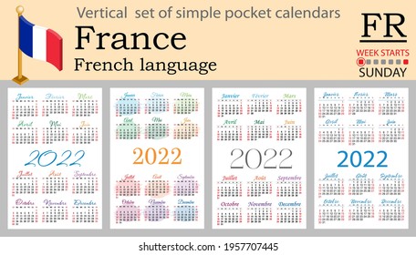 French vertical set of pocket calendars for 2022 (two thousand twenty two). Week starts Sunday. New year. Color simple design. Vector