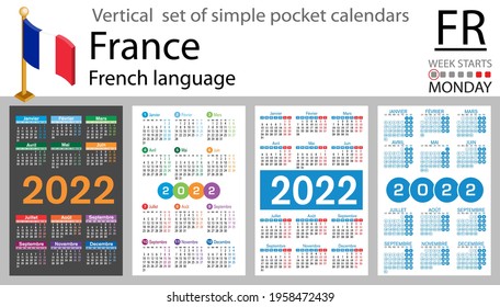 French vertical set of pocket calendars for 2022 (two thousand twenty two). Week starts Monday. New year. Color simple design. Vector