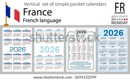 French vertical Set of pocket calendars for 2026 (Two thousand twenty six). Week starts Monday. New year. Color simple design. Vector