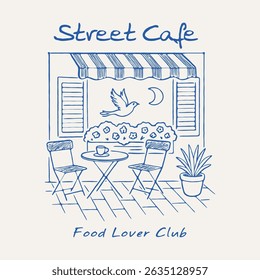 French vintage coffee shop sketch, old street cafe illustration, vacation t shirt design, vintage street cafe illustration with typography, old American street cafe artwork for t-shirt