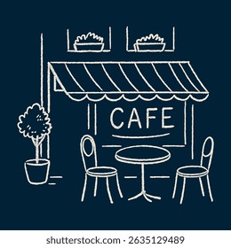 French vintage coffee shop sketch, old street cafe illustration, vacation t shirt design, vintage street cafe illustration with typography, old American street cafe artwork for t-shirt