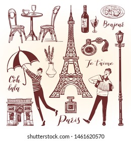 French vintage set with lettering . Translation: "Hello. Ooh lala. I love you. Paris."