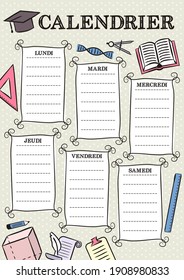 French vintage template of a school schedule for 6 days of the week for students. Blank for a list of school subjects. Vector illustration in doodle styles for France. Translation: Timetable