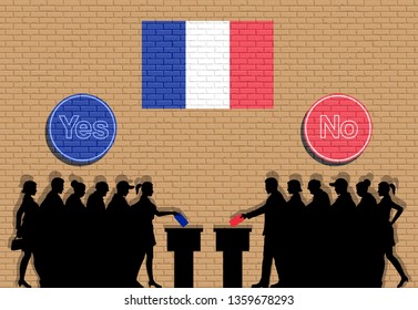 French voters crowd silhouette in France election with yes and no signs graffiti. All the silhouette objects, icons and background are in different layers. 