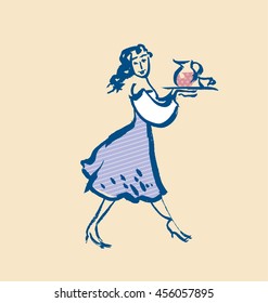 french waitress sketch vector illustration on pastel color. girl with dish and drinks 