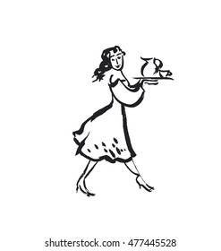 french waitress sketch vector illustration . girl with dish and drinks in black and white