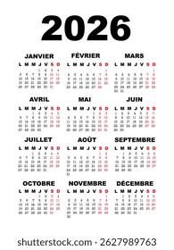 French wall calendar 2026, vector illustration 