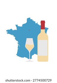 French white wine concept. White wine bottle and glass on France map silhouette. Vineyard region beverage theme. Simplicity vector illustration