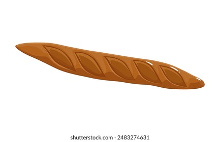 Baguette francés de grano entero y trigo en estilo de dibujos animados planos. Pan tradicional al horno. Ilustración vectorial de alimentos brillantes aislados para panadería póster, Anuncio, tarjeta, publicidad