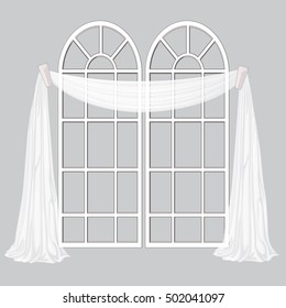 French window and gray curtain isolated on a white background. Vector illustration.
