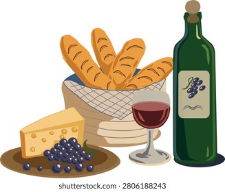 French Wine and Cheese Still Life Vector Illustration with Baguettes, Grapes and French Flag