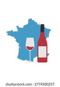 French wine concept. Red wine bottle and glass on France map silhouette. Vineyard region beverage theme. Simplicity vector illustration