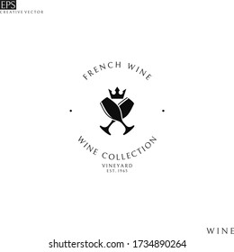 Vino francés. Plantilla de logotipo. Gafas de vino aisladas con corona sobre fondo blanco