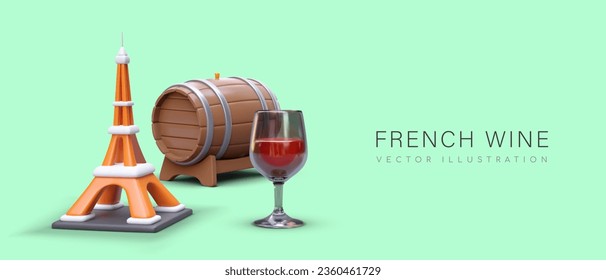 Vino francés. Barril de madera en el estrado, vaso de vino tinto, Torre Eiffel. Bebidas alcohólicas para gourmets. degustación de vinos, degustation, excursión a Francia. Concepto publicitario de bodega, bar