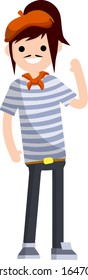 French Woman In Blue Striped Clothes And Red Beret Waving His Hand. Cartoon Flat Illustration. Typical Resident Of Europe. Cute Young Girl