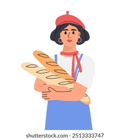 Mujer francesa llevando baguettes del mercado. Mujer con una baguette francesa. Ilustración vectorial.