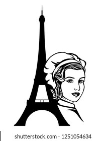 french woman chef portrait - beautiful female cook and eiffel tower silhouette black and white vector design