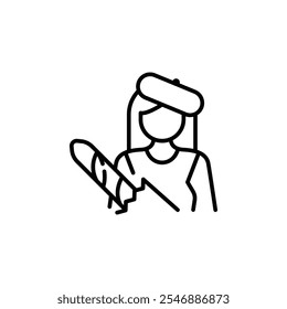 French woman icon. Simple French woman wearing a beret and holding a baguette icon for social media, app, and web design. Vector illustration