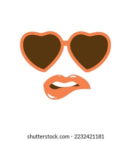 French woman lips and sunglasses in heart shape isolated graphic element. French woman face wears glasses illustration. Vector hand drawing fashion girl portrait for Valentines day.