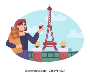 French woman in Paris concept. Young girl in traditional clothes with bag of baguettes and wine. Tourist near Eiffel Tower, sight. Travel and tourism. Cartoon flat vector illustration